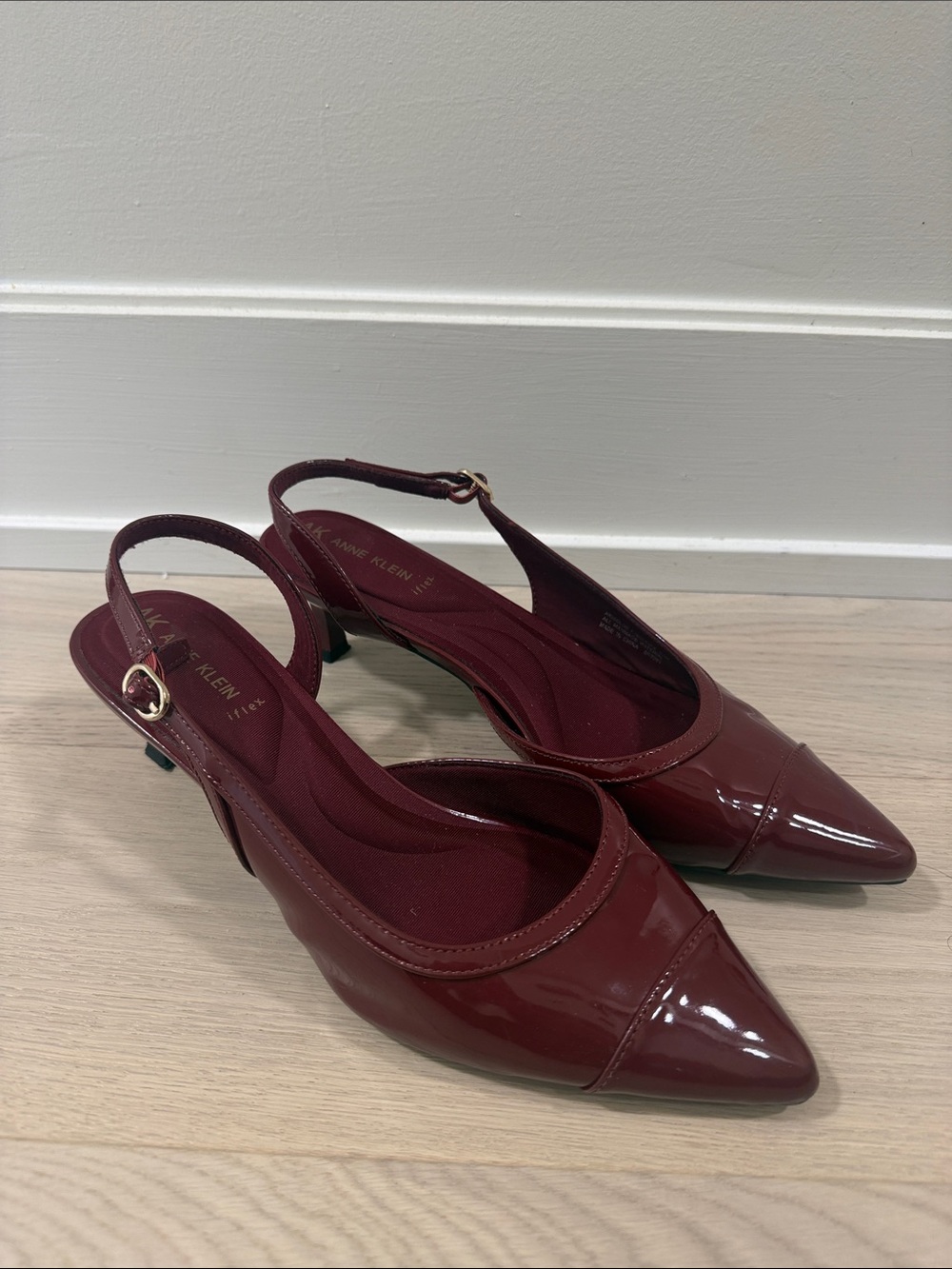 Anne Klein Burgundy Patent Pointed Slingback Kitten Heels
